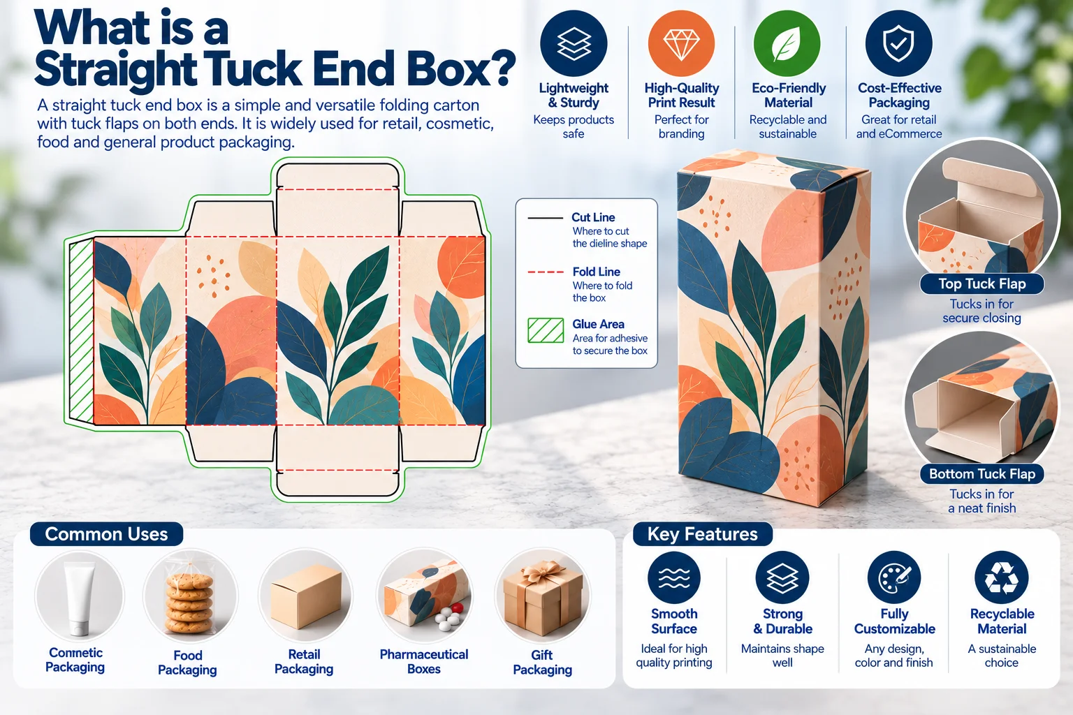 Printed box artwork laid out flat on a dieline with fold and cut lines