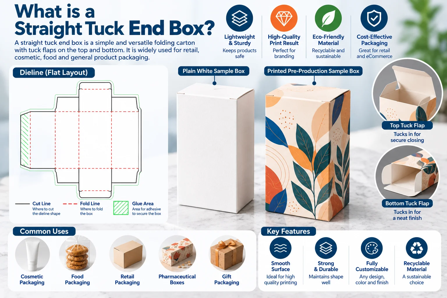 Plain white sample box beside a printed pre-production sample of the same box