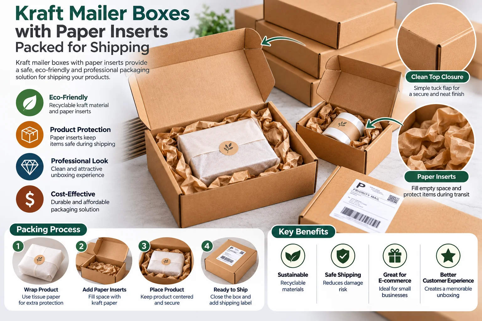 Kraft mailer boxes with paper inserts packed for shipping